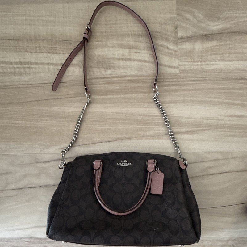 Coach Signature Logo Satchel Top Handle Crossbody Brown Pink Strap Silver