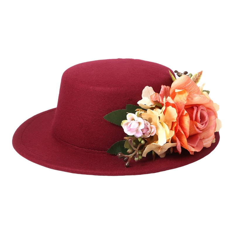 Womens Wide Brim Tea Party Hats Beach Sun Hat Flower Decor Flat-Topped Hat gallery
