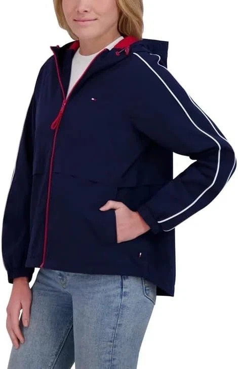 NEW Tommy Hilfiger Womens Windbreaker Jacket, Lightweight Hooded, Navy, LARGE