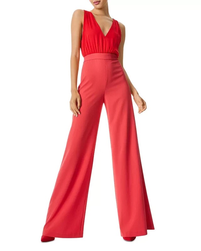 Alice + Olivia L5807 Womens Bright Poppy Red Gale V-Neck Jumpsuit Size 8