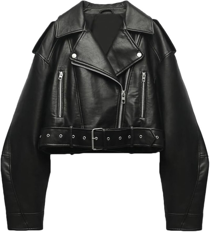 LY VAREY LIN Women Faux Leather Cropped Biker Jacket Belted Zipper XL