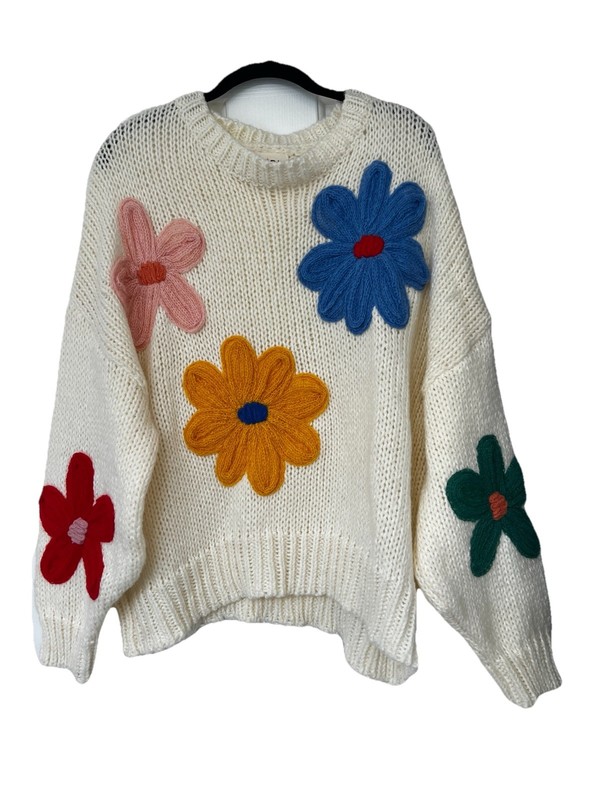 Bibi Women’s Sweater NWOT Sz. M Multicolor Flowers/ Ivory