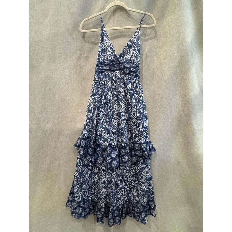 Abercrombie & Fitch Blue White Ikat Paisley Tiered Cotton Maxi Dress XS 159D2621