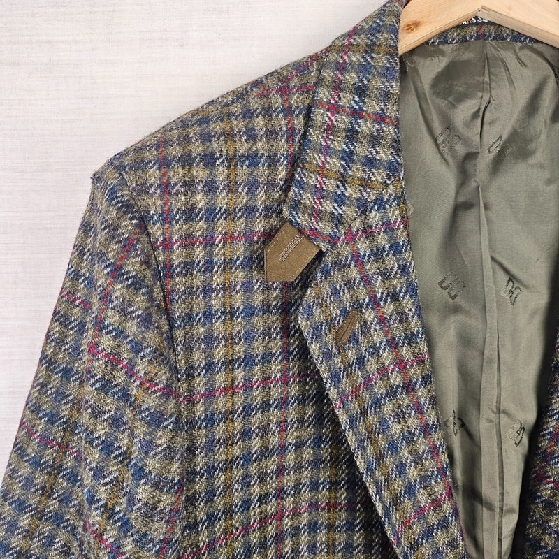 DAKS Signature Womens Tweed Blazer Jacket UK16 Green Blue Beige & Red Wool Check gallery
