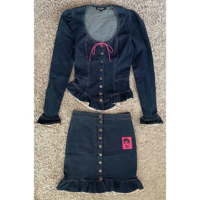 Betsy Johnson Denim Set Top Skirt Stretch Rare USA 33cm 13in Shoulder Vintage