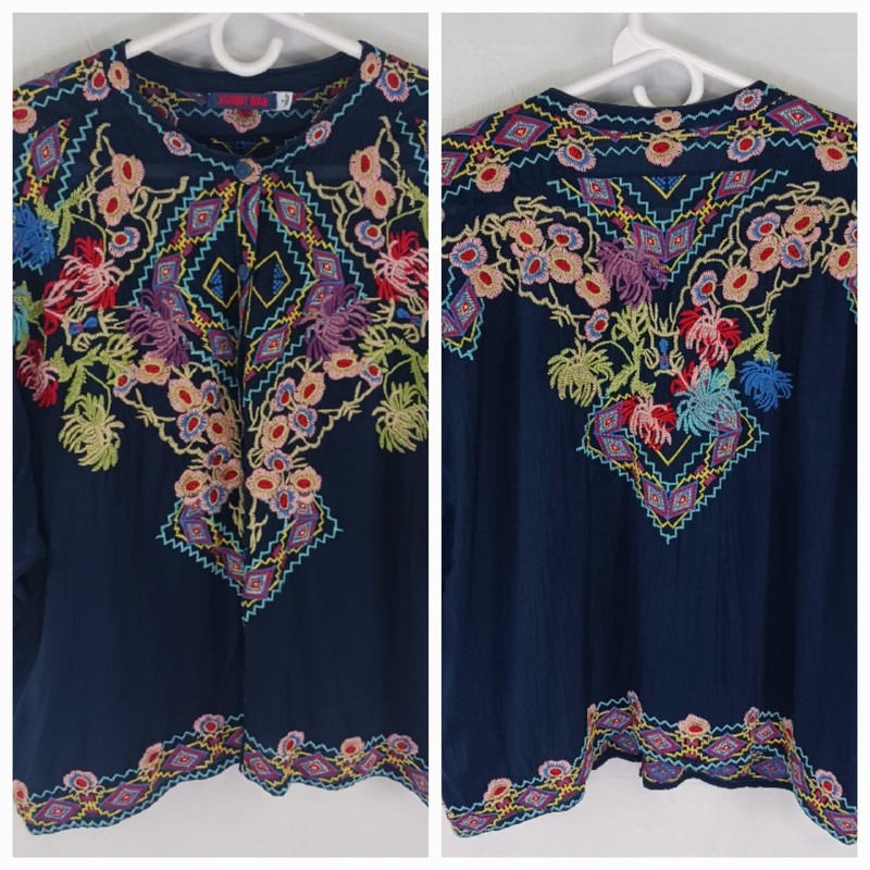 JOHNNY WAS women’s Vintage Heavy double sided Embroidered Boho Top Blouse Small
