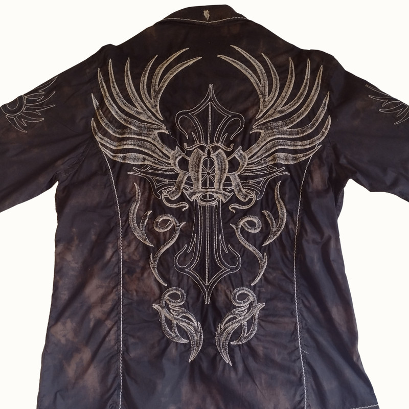 Roar Buckle Mens XXL Black Embroidered Cross Button Up Shirt Y2K Western Grunge gallery