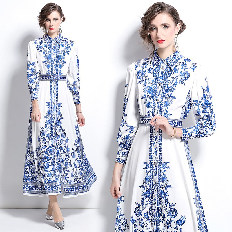 Vintage Baroque Print Collar Long Sleeve Belt Women Casual Party Shirt Dresses