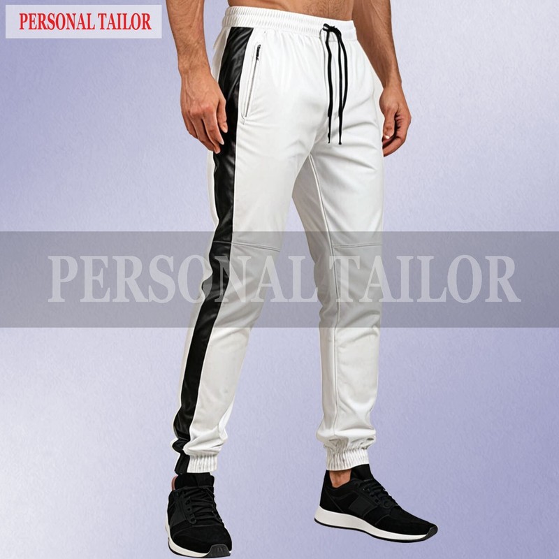 Men’s Lambskin White Leather Jogging Trouser Sweat Pants Wide Stripes Trousers