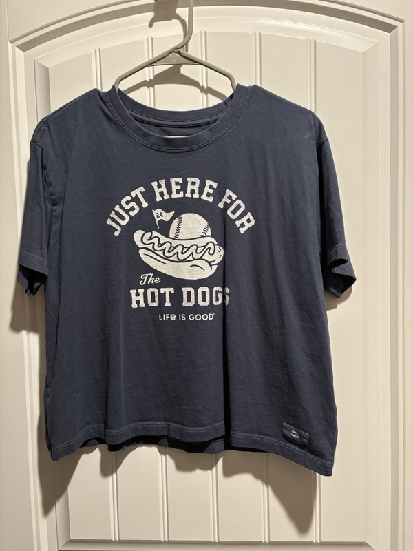 Life Is Good Women’s M Crusher Boxy Tee Just Here for the Hot Dogs