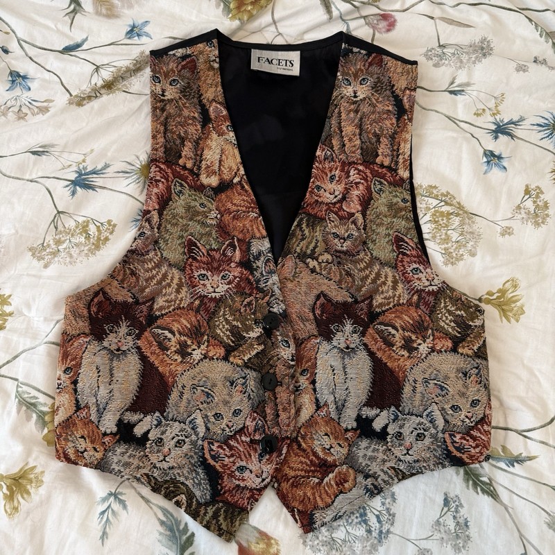 Vintage Facets by Mirrors Womens Cat Kitten Tapestry Fashion Vest Medium