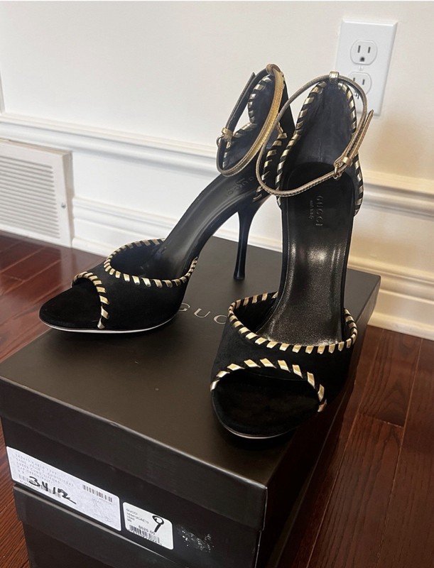 Gucci Black Suede Gold Whipstitch Peep Toe Ankle Strap Heels Y2K Tom Ford gallery