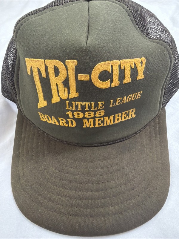 Vintage 80s Mesh Trucker Hat Brown Yellow Tri City Little League Board Member gallery