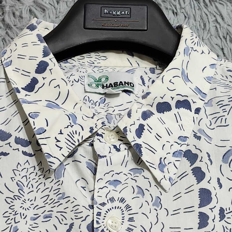 Vintage Haband Hawaiian Shirt Mens Size XL XLarge Floral Print White Blue Pocket gallery