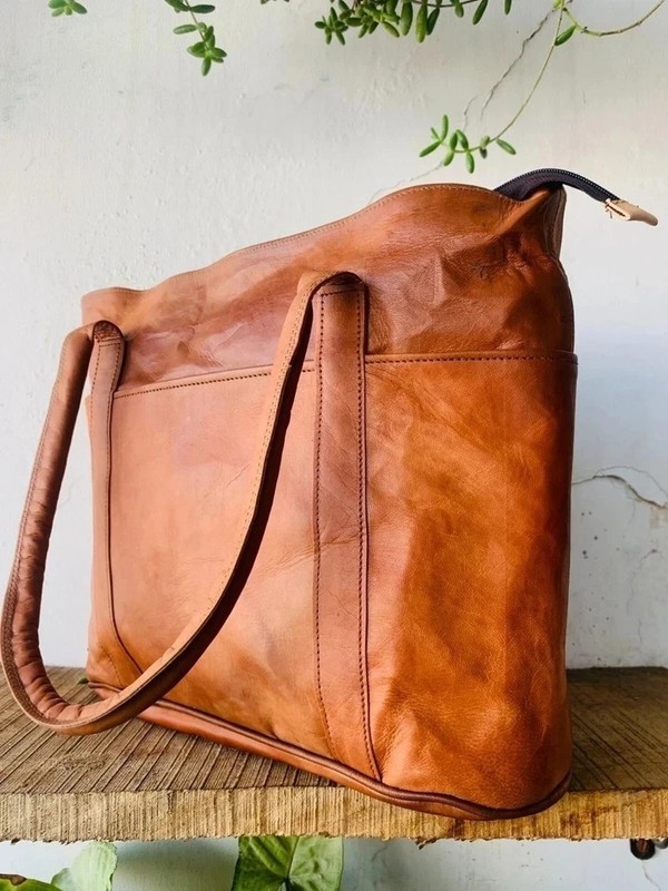 14" Women's Genuine Reliable Goat Leather Tote Shopping Handmade Bag gallery