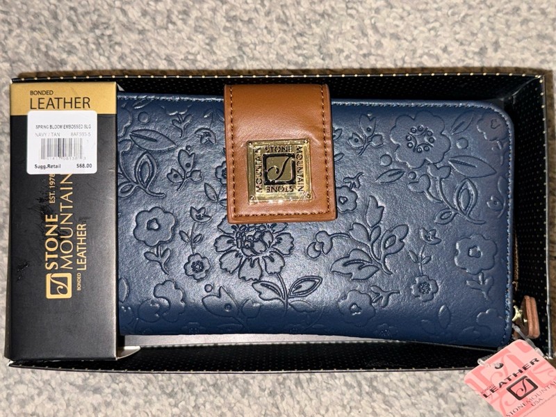 Stone Mountain Spring Bloom Embossed Bonded Leather Wrist Wallet Navy Blue Tan
