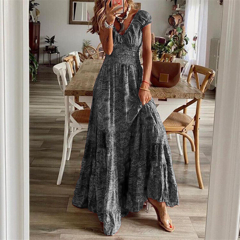 Women’s Sundress Neck Beach Boho Summer Maxi Holiday Dress V Ladies Floral