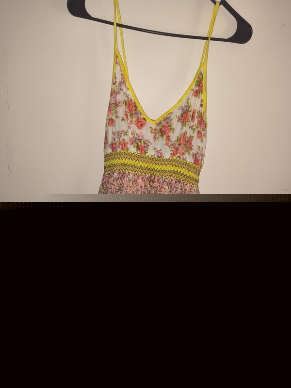 Women’s Floral V-Neck Spaghetti Strap Mini Sundress Ruffle White Yellow S