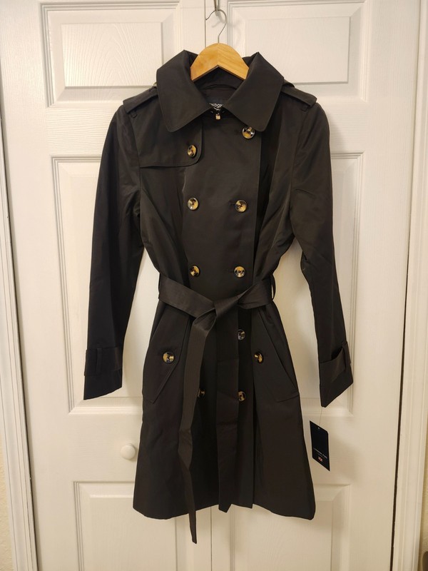NWT London Fog Women's Size M Black Double Breasted Mid-Length Trench Coat gallery