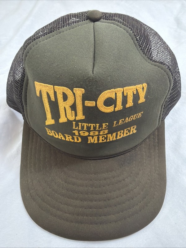 Vintage 80s Mesh Trucker Hat Brown Yellow Tri City Little League Board Member