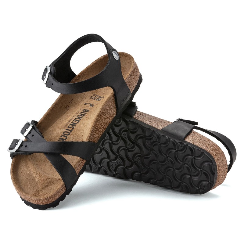 BIRKENSTOCK KUMBA BLACK WAXY LEATHER MEDIUM/NARROW WIDTH CROSSED STRAPS SANDALS gallery