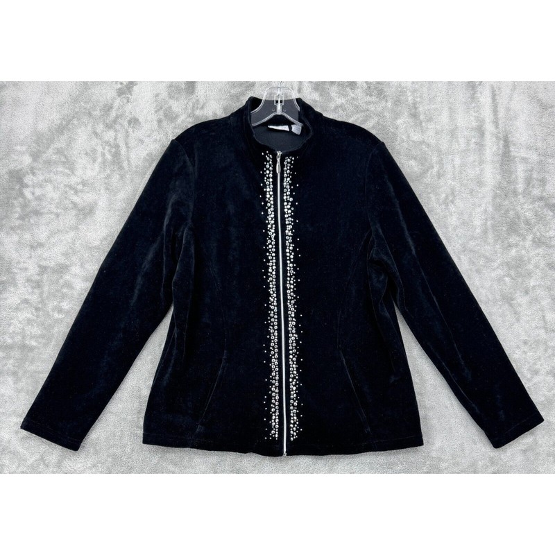Chicos Jacket 1 US Medium Velvet Rhinestone Studded Zip Athleisure Lounge Black
