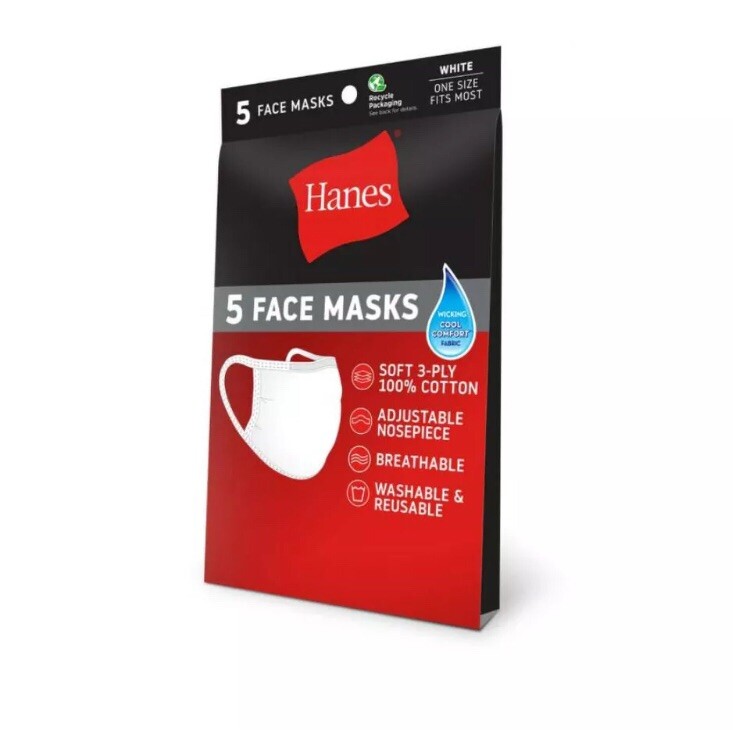 Hanes 100% Cotton Fabric Face Mask Reusable White (5 PACK)