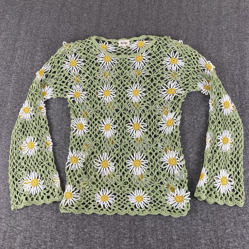 Bibi Crochet Daisy Top Large Green Boho Festival Sheer Knit Blouse