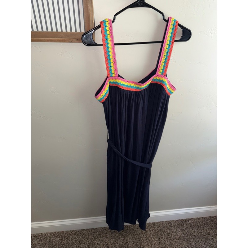 Boden Navy Blue Crochet Trim Maxi Dress Rainbow Straps Jersey US 10 NEW gallery