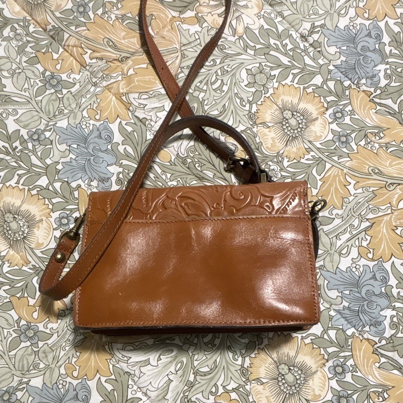 Brown Stamped Floral Satchel Top Handle Turn Lock Crossbody Strap Gold HW gallery