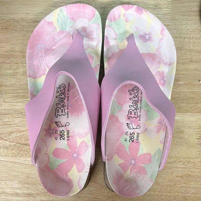 Birkis Women’s Pink Floral Thong Slip-On Sandals Cork Footbed EU 41 US 10