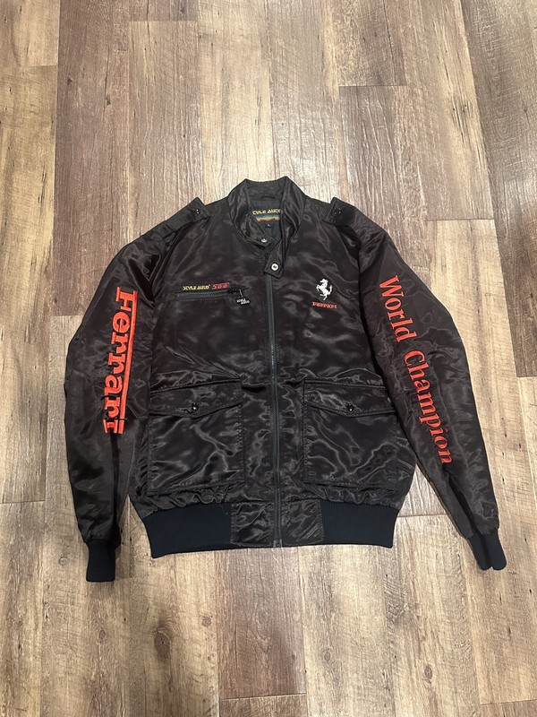 Vintage Ferrari black Satin Jacket Size Large World Champion Logo Racing 1980 gallery