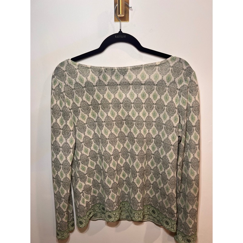 Vintage Y2K Boho Peasant Damask Green Long Sleeve Beaded Tassle Top- Large gallery
