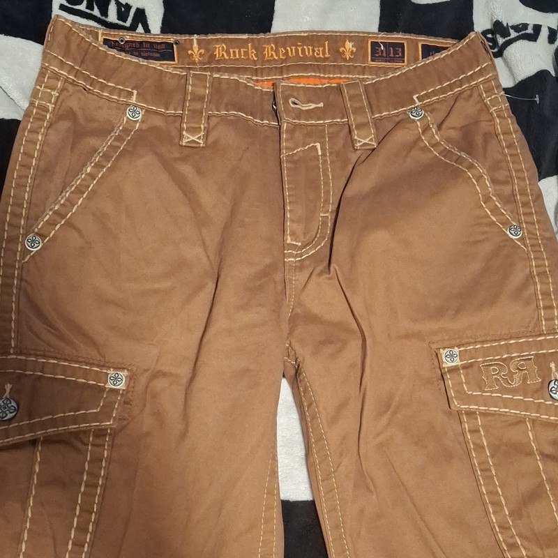 Rock Revival Men’s Brown Cargo Denim Jorts Classic Fit Mid Rise Button Logo