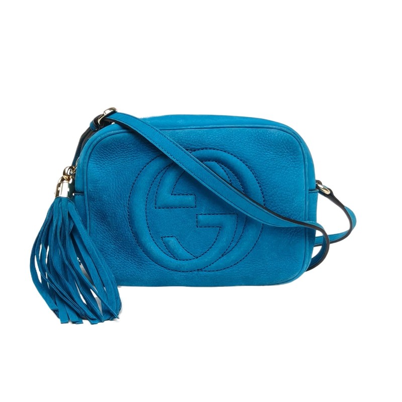 GUCCI Soho Disco Fringed Camera Bag Small 21cm Blue Calfskin Crossbody Bag