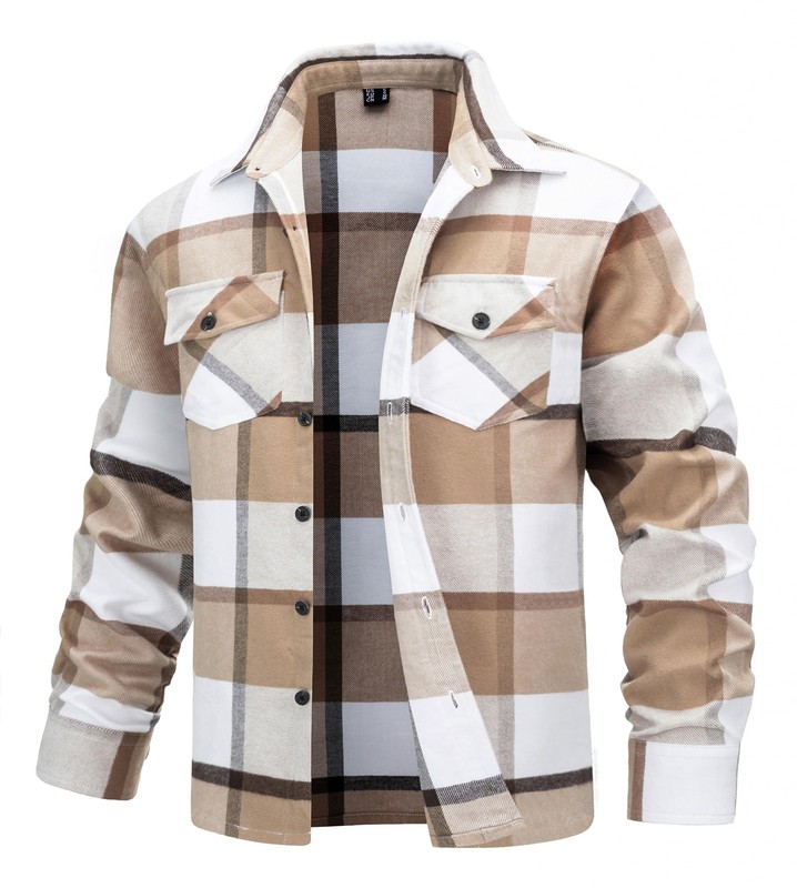 Men’s Flannel Shirt Casual Plaid Fall Jackets Fleece Cotton Buttoned Shirts Coat