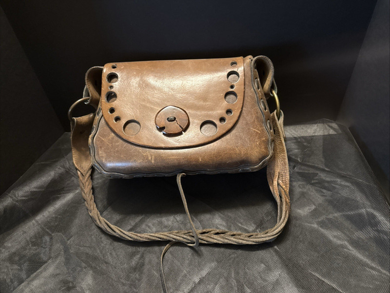 Vintage Handmade Hand Bag Thick Dark Brown Leather Weighs 2LB 6.2 Ounces.