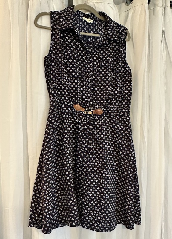 Blue And White Fit And Flare With Faux Belted Waist