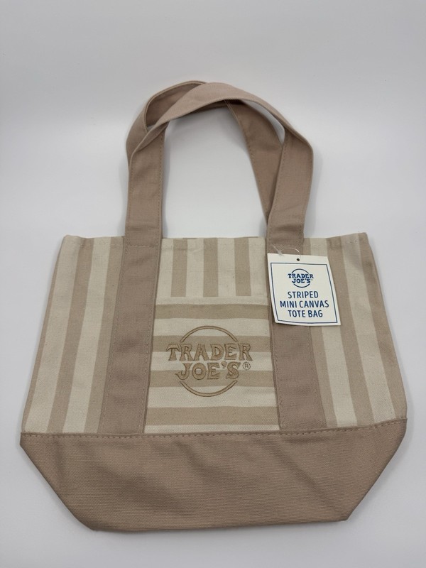 Trader Joe’s Mini Canvas Tote Bag Tan Stripe Brown Biege