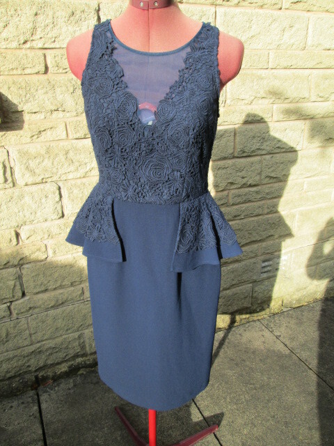 NEW-COAST-NAVY BLUE SPL OCCASION OVERLAID BROCADE LACE PENCIL PEPLUM DRESS-UK 10