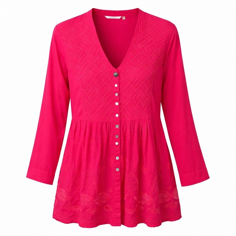Soft Surroundings Hot Pink Embroidered Mixed Button Front Tunic Top Size XL