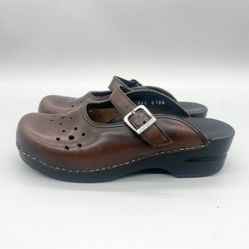Dansko Womens 38 7.5 Merrie Mary Jane Clogs Brown Perforated Buckle Mules Shoes gallery
