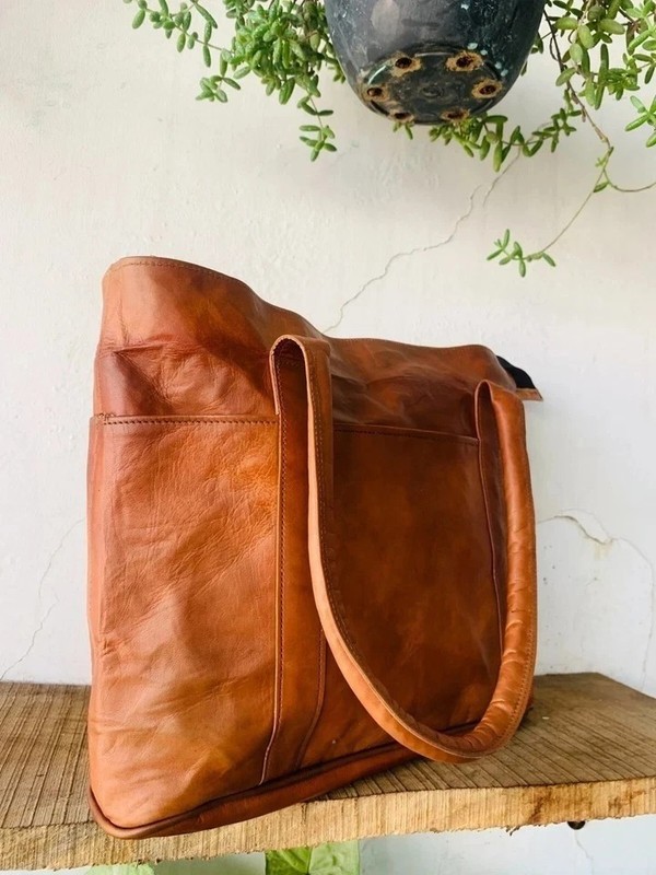 14" Women's Genuine Reliable Goat Leather Tote Shopping Handmade Bag gallery