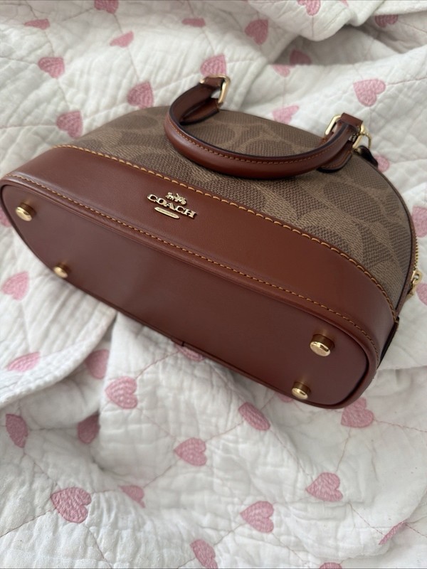 Coach Signature Dome Satchel Small Brown Beige Zip Top Detachable Strap gallery