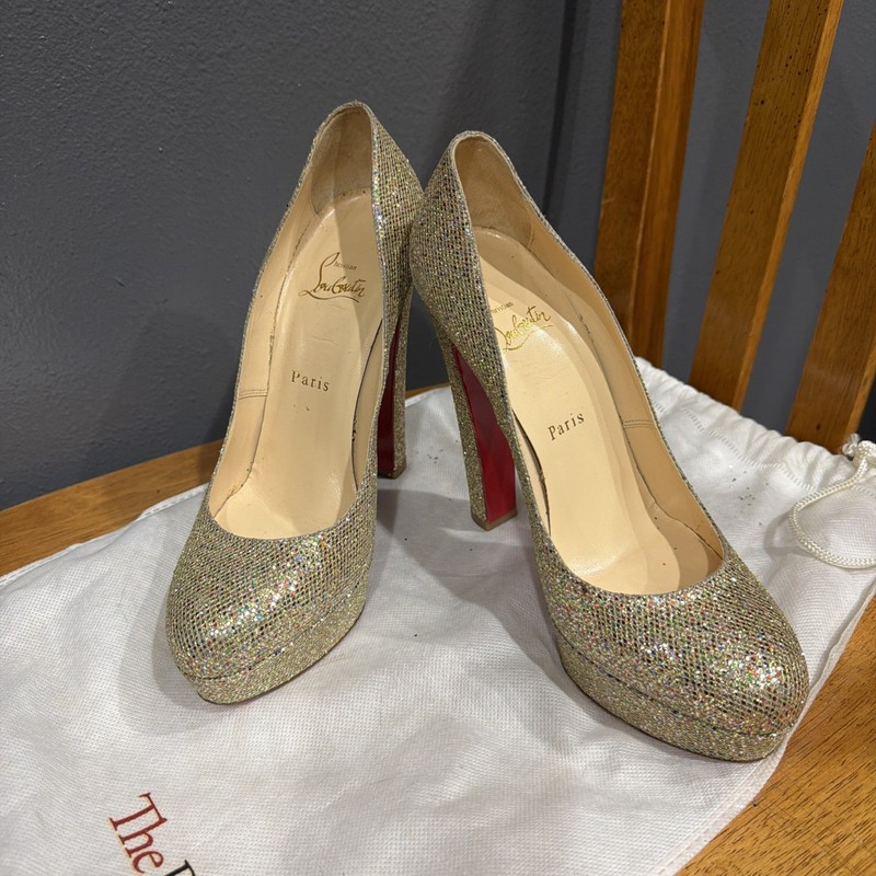 Christian Louboutins Gold Glitter Bibi 140 Platform Pumps gallery