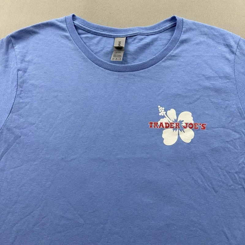 Trader Joes T-Shirt Womens Medium Blue Floral Employee Grocery Logo Short Sleeve gallery