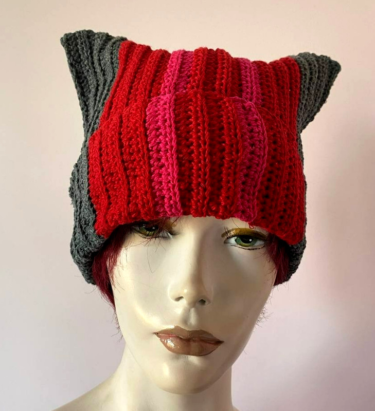 Handmade Cat Ears Knit Beanie Red Gray Striped Hat Unisex