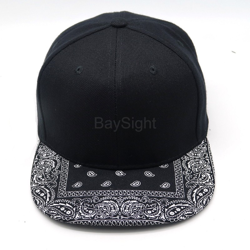Mens Baseball Cap Snapback Adjustable Bandana Paisley Hat Solid Black Flat Bill gallery