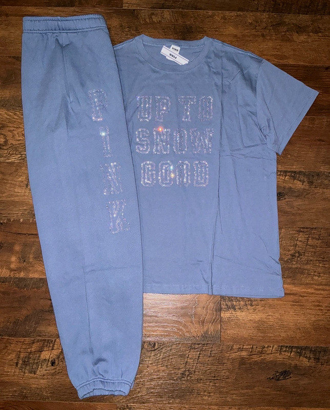 Victoria’s Secret Pink Bling Campus SS Tee Shirt + Pants Set Dusty Iris L or XL