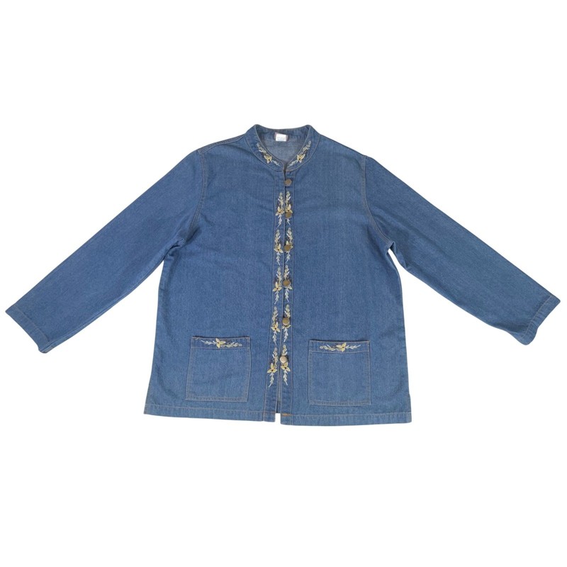 Tudor Court Button Up Denim Jacket Large Embroidered Floral Boho Rustic Country gallery